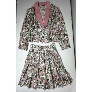 Rare Vintage Wrapper Bohemian 2 pcs Floral Print Suit Blazer Skirt Pink Trim SzS
